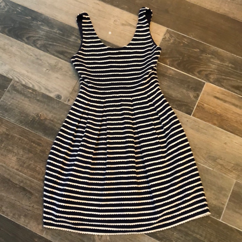 Navy dress with scalloped stripes